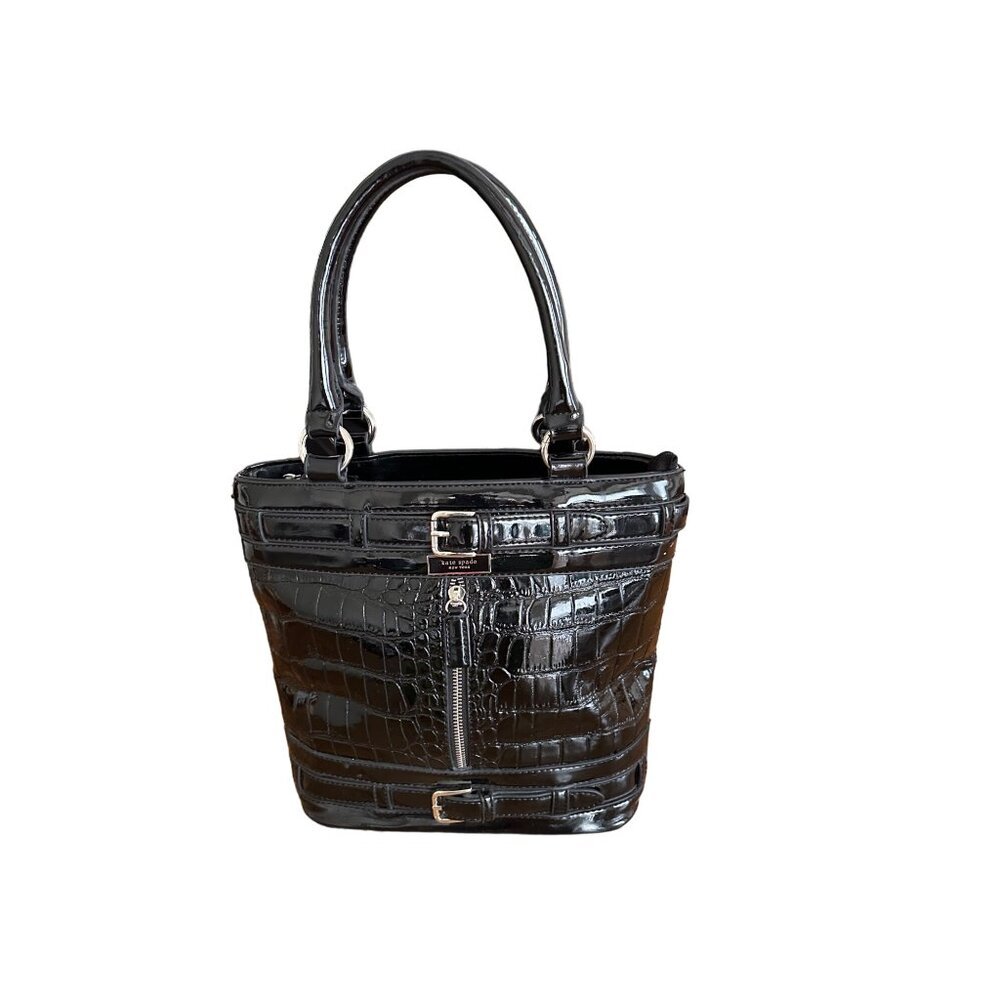 Kate Spade New York Black Croc-Embossed Patent Leather Tote Handbag 10"x8"x4"